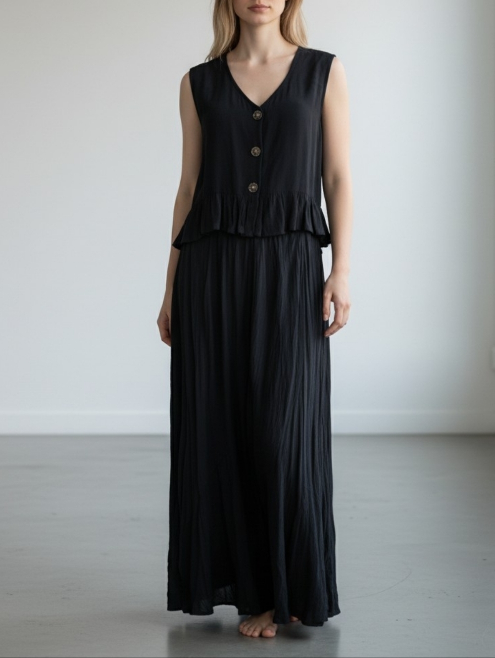 Route 66 Set  Black Sleeveless V-Neck Maxi Skirt Dress with Button Front + Top